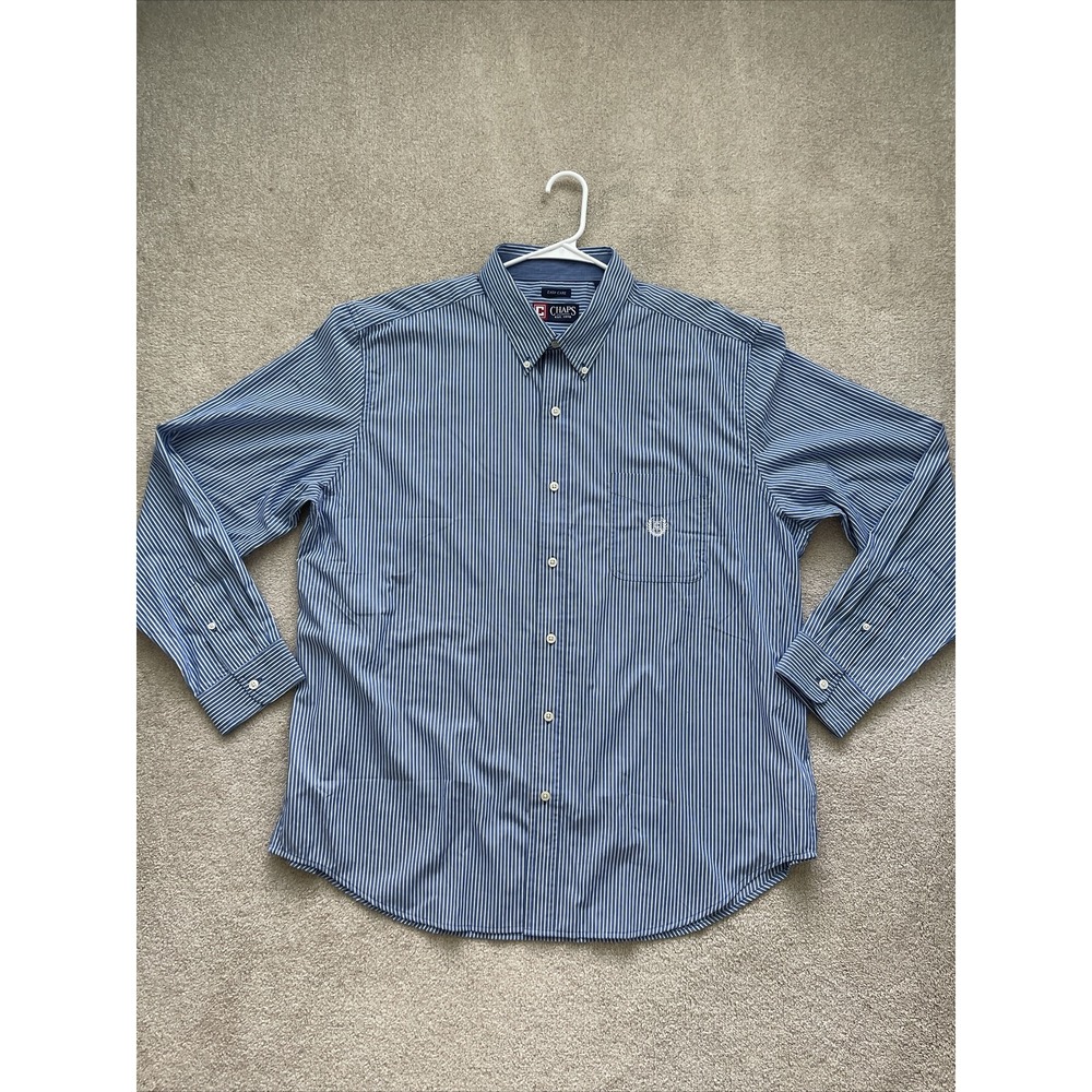 Chaps Mens Size XXL Blue White Stripe Cotton Button‎ Up Dress Shirt #C14